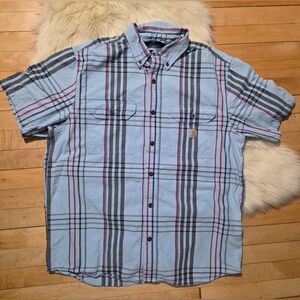 Carhartt Shirt Men's Large Blue Plaid Short Sleeve Button Up Collar Casual